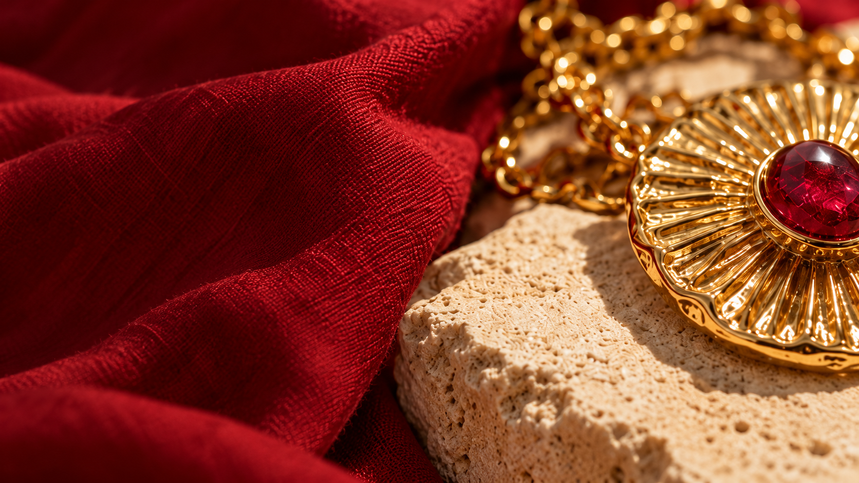 Gold sunburst necklace with a ruby centre on stone beside crimson silk
