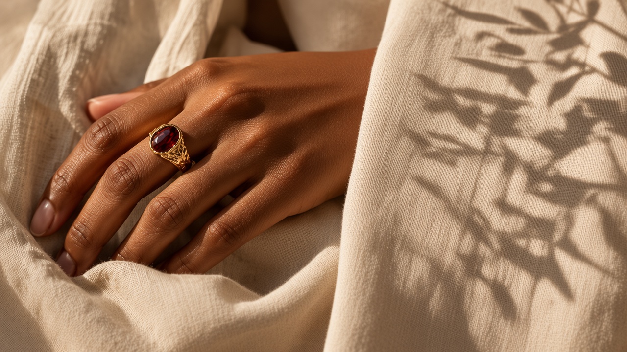 Gold and ruby jewellery arranged in warm sunlight